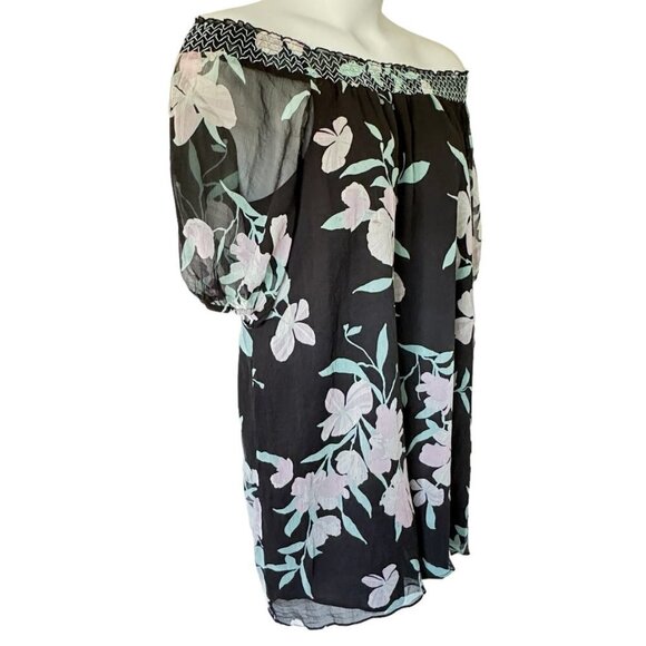 Maeve Silk Paola Swing Dress Oversized Black Chiffon Floral Off Shoulder Mini - Picture 3 of 13